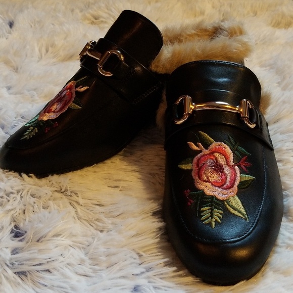 Steve Madden Shoes - Jill embroidered faux fur trim leather mules